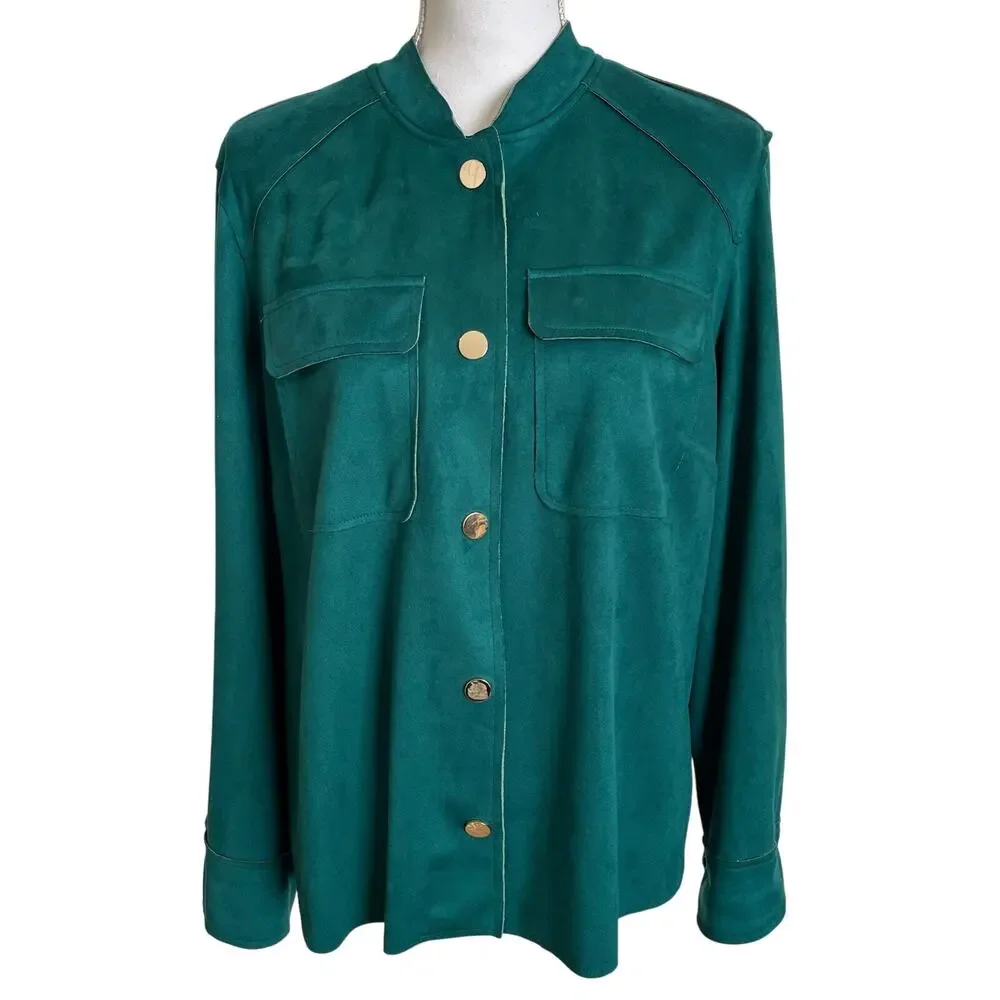 Chico's Jacket Women's Size 2 Large 12/14 Turquoise Faux Suede Gold Buttons